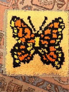 Vintage 60’s/70’s handmade orange & yellow butterfly latch hook small art